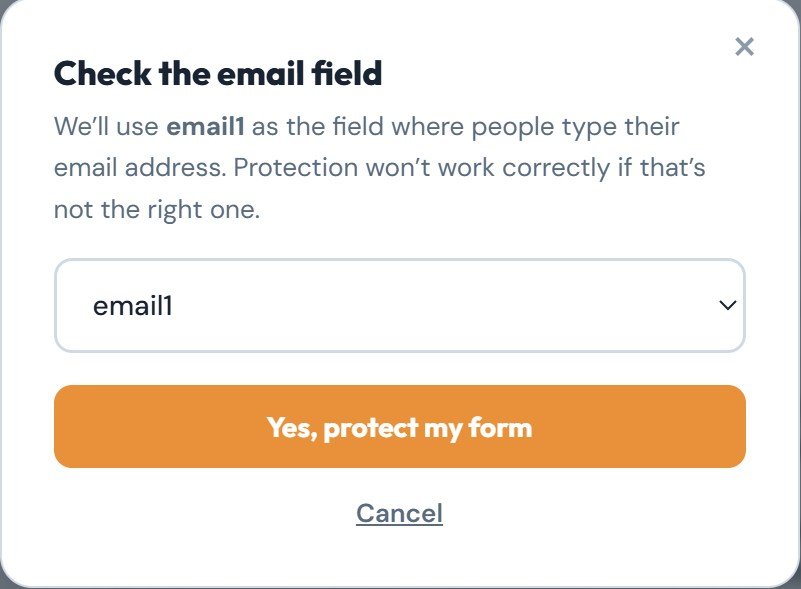 The Check the email field dialog with email1 selected and a Yes, protect my form button