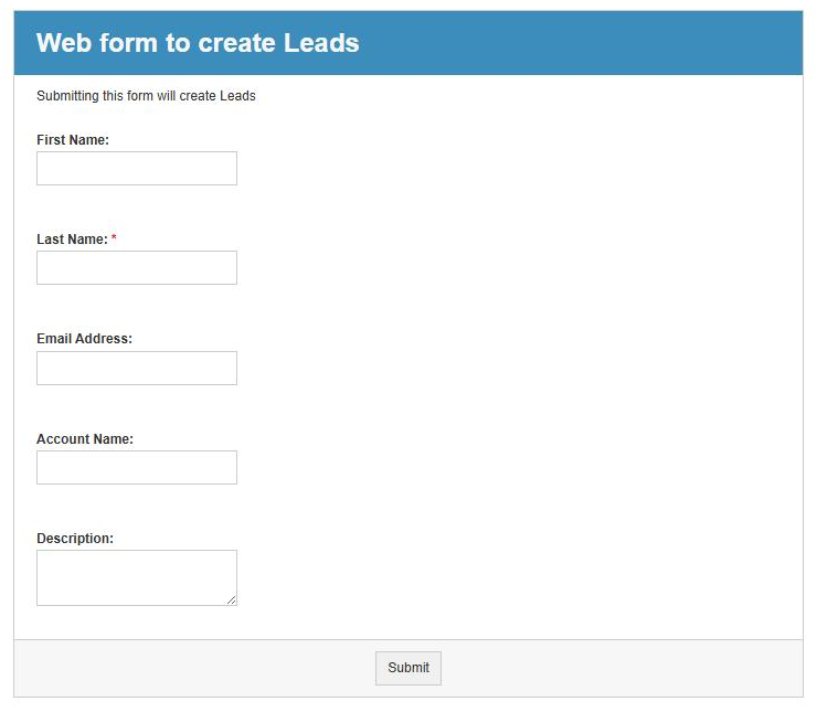 A page showing the protected SuiteCRM form with its blue header and First Name, Last Name, Email Address, Account Name and Description fields