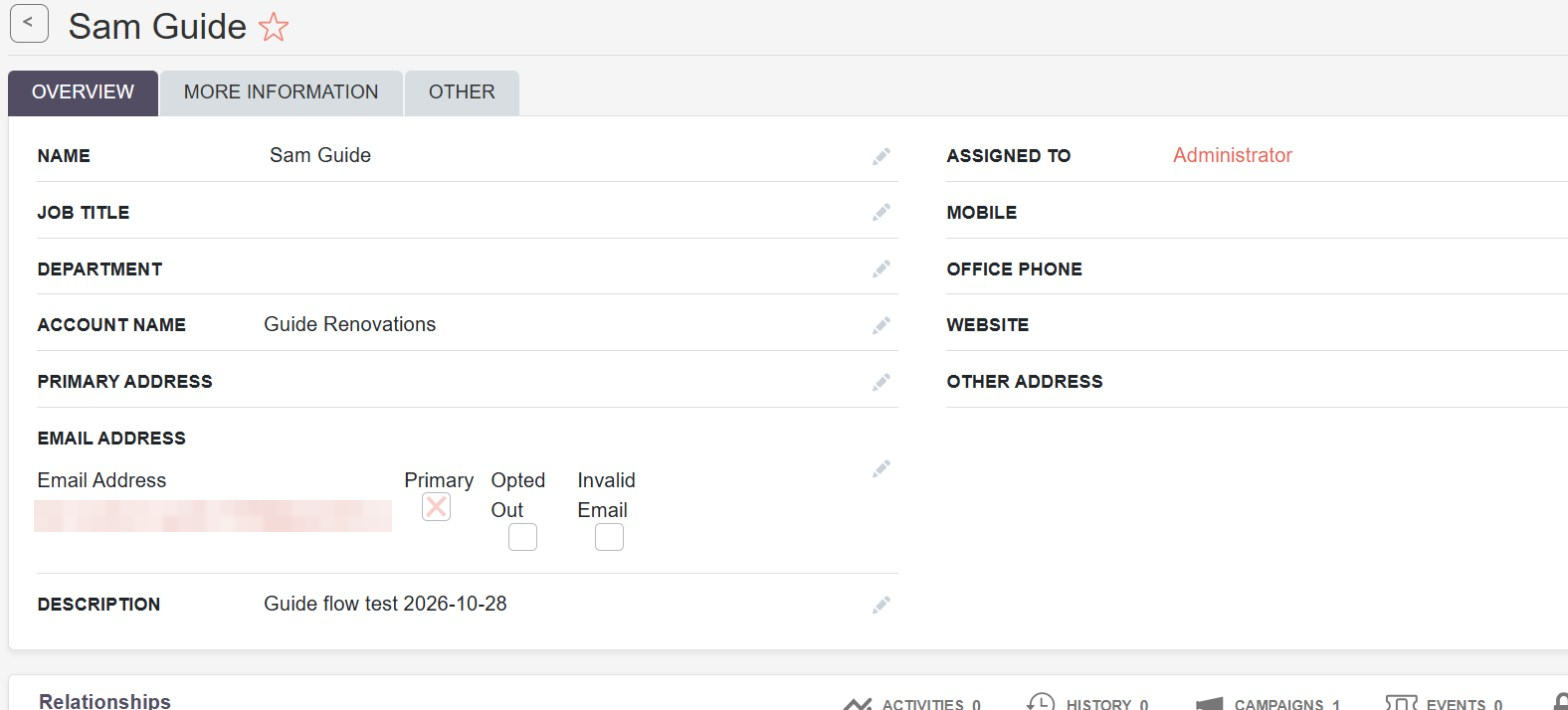 The new SuiteCRM lead with its Account Name and Description, and one campaign under Relationships