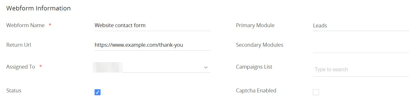 Vtiger's Add Webform page with the name Website contact form, Primary Module Leads and a Return Url