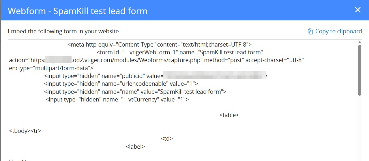 Vtiger's webform code panel with the form code and a Copy to clipboard link