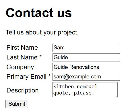A Contact us page showing the protected Vtiger form with name, company, email and description fields