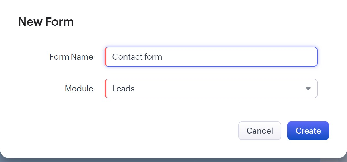 The New Form dialog with the form named Contact form, Module set to Leads, and the Create button