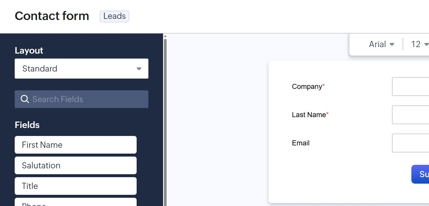 The webform editor with the Fields list on the left and Company, Last Name and Email on the form