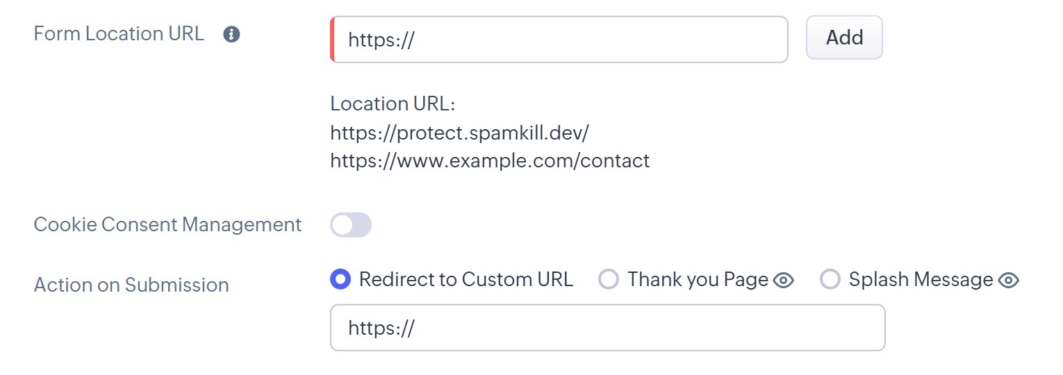 Form Location URL with an Add button, and the Location URL list showing https://protect.spamkill.dev/ and the site's contact page
