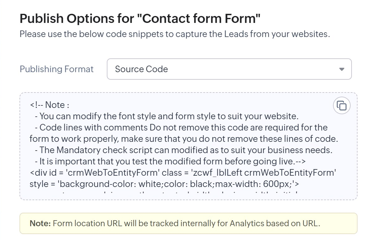 Publish Options with Publishing Format set to Source Code, the form code in a box and a copy icon beside it