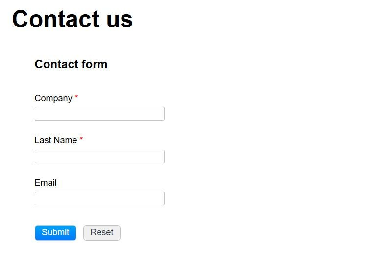 A Contact us page showing the protected Company, Last Name and Email form