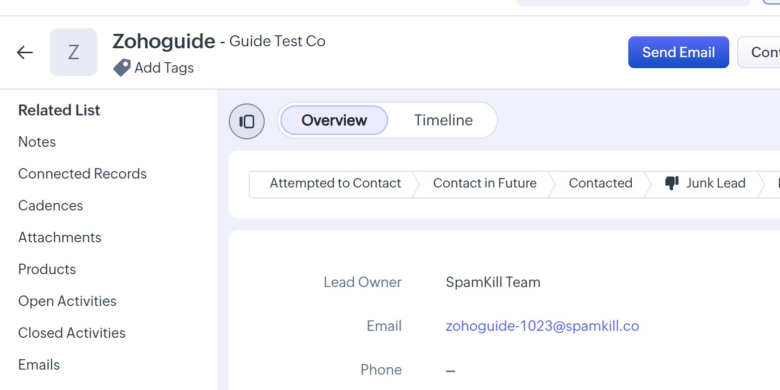 The new Zoho CRM lead record with the test company and email address